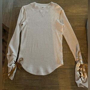 Free People Cream Long Sleeve Top with Lace-Up Detail